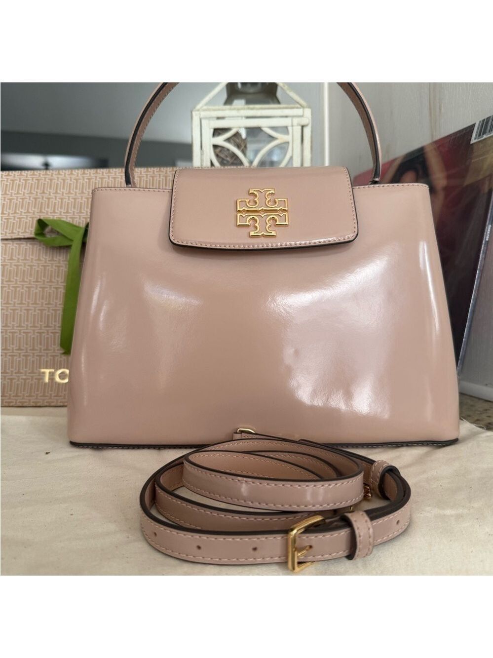NewTory Burch Britten patent Leather satchel in Devon sand color